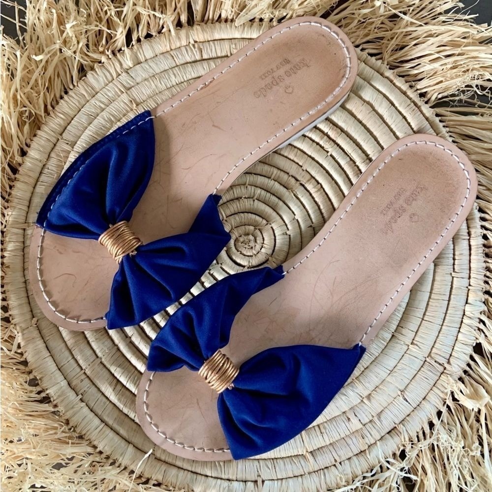 KATE SPADE Indi Bow Slide Sandals‎ Blue Gold Size 7
